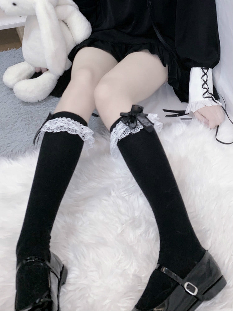 Kawaii Lace Trim Bow Calf Socks