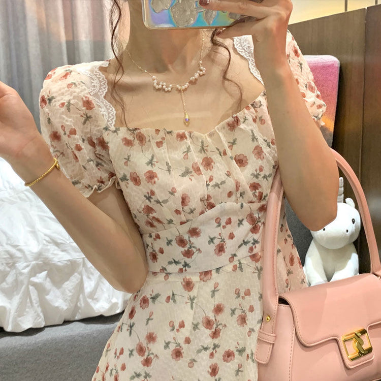 Open Back Lace Trim Floral Dress