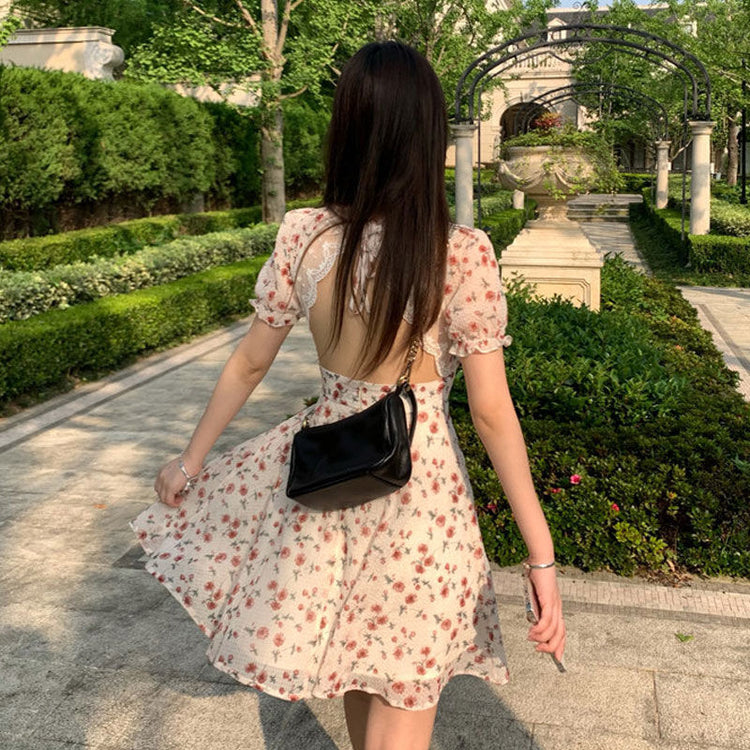 Open Back Lace Trim Floral Dress