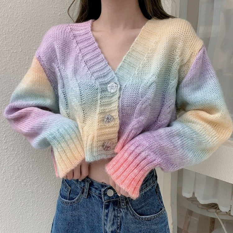 Rainbow Knitted Crop V-Neck Cardigan