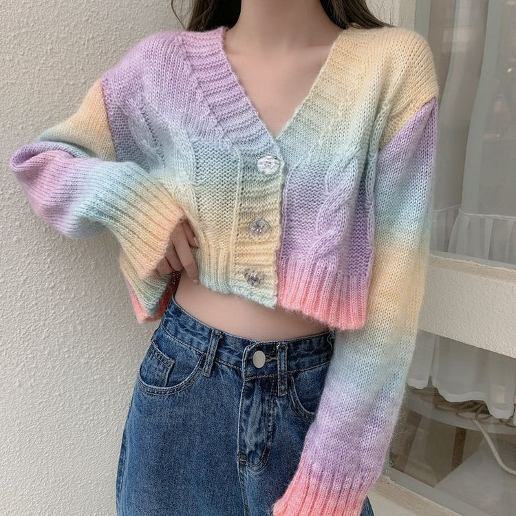 Rainbow Knitted Crop V-Neck Cardigan