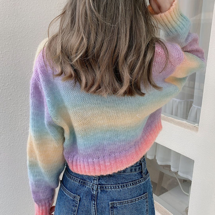 Rainbow Knitted Crop V-Neck Cardigan
