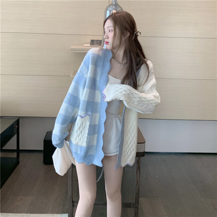 Patchwork Gingham Knitted Cardigan