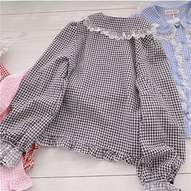 Kawaii Lace Ruffles Bow Collar Gingham Long Sleeve Blouse