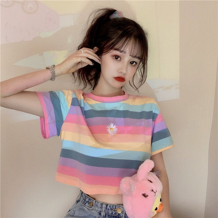 Colorful Striped Daisy Crop Top