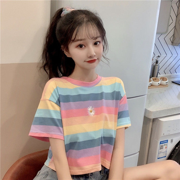 Colorful Striped Daisy Crop Top