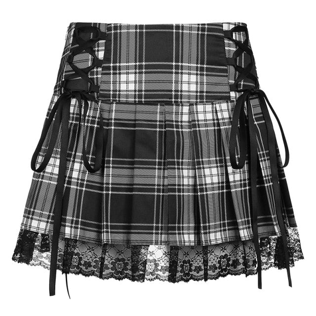 Flat lay of black plaid Ribbon Riot Mini Skirt with lace-up ribbon front and lace trim