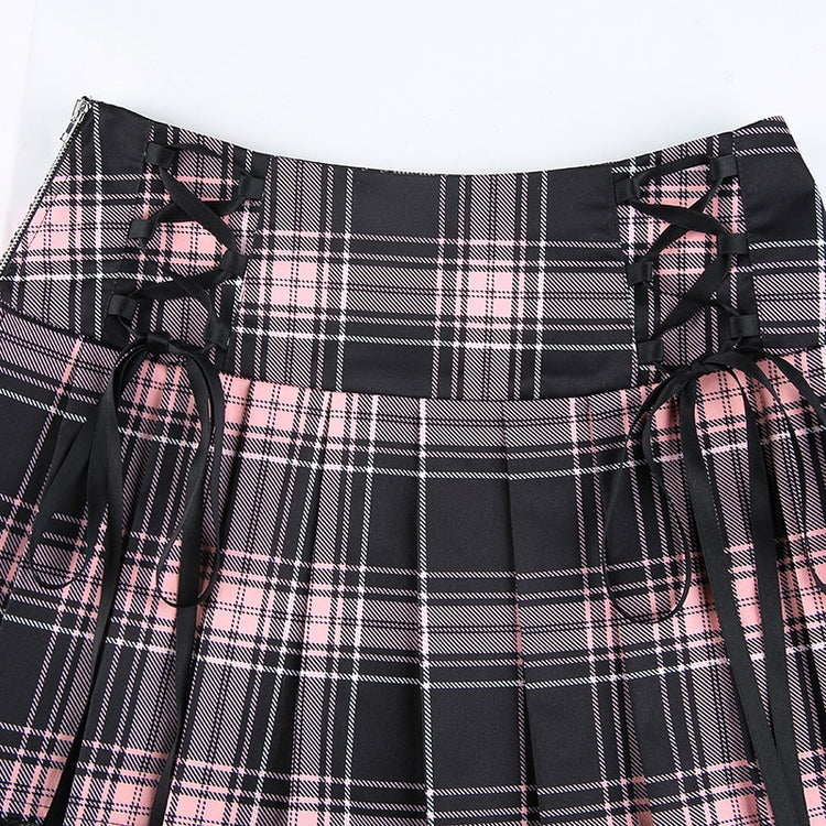 Close-up of lace-up ribbon pink plaid Ribbon Riot Mini Skirt