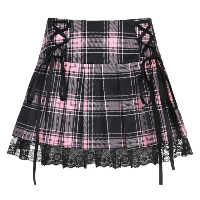 Flat lay of pink plaid Ribbon Riot Mini Skirt with lace-up ribbon front and lace trim