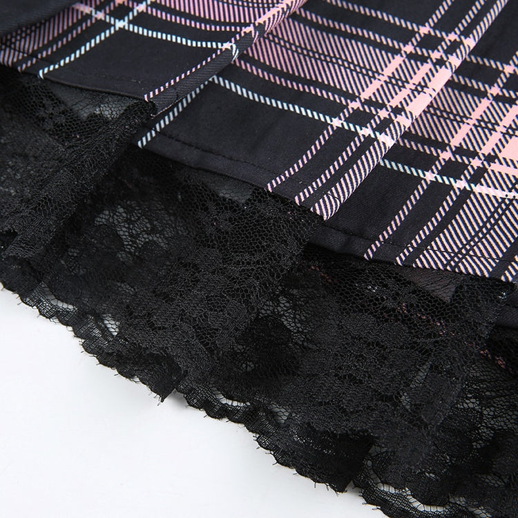 Close-up of lace hem on pink plaid Ribbon Riot Mini Skirt