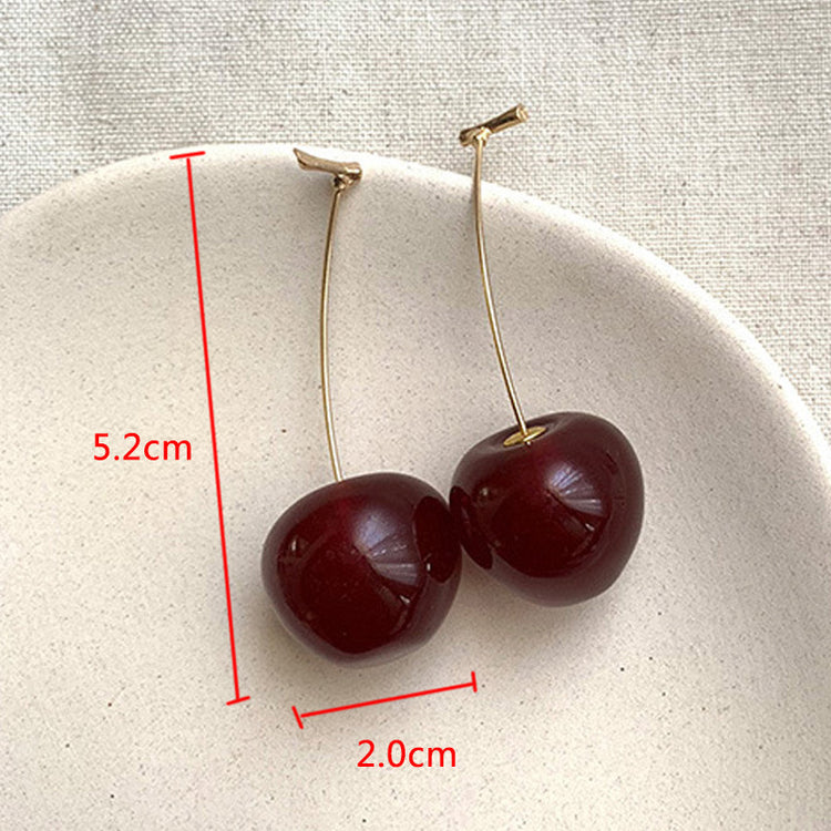 Size dimensions of the large, dark red Sweet Cherry Earrings displayed