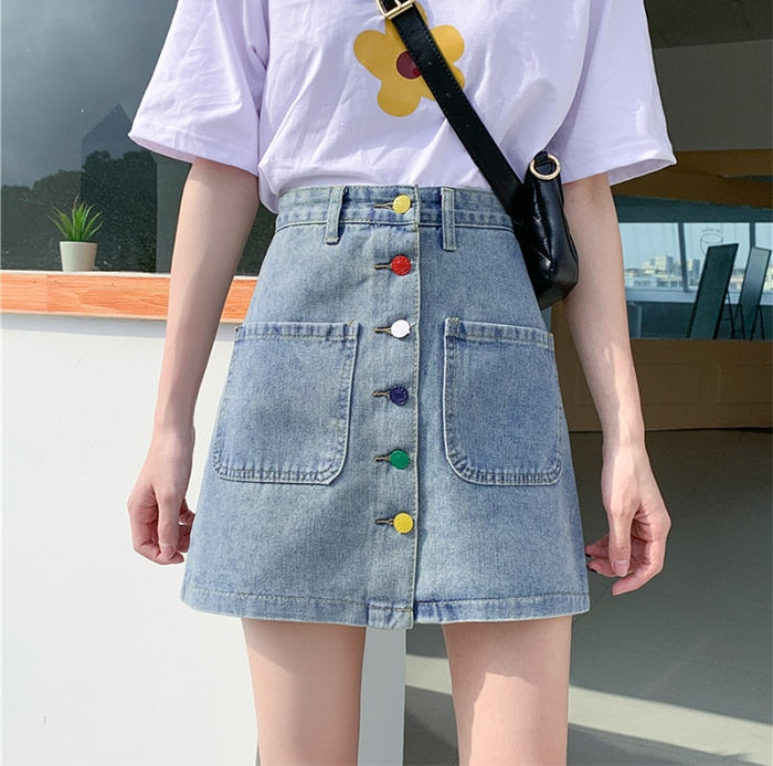 Colorful Button Denim Skirt