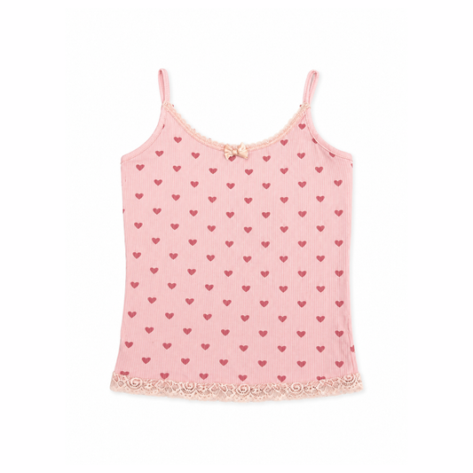 Front view flat lay of the ribbed Blush Crush Heart Lace Cami