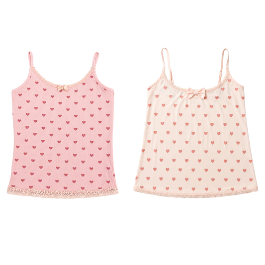 Side-by-side front view flat lay of the ribbed and non-ribbed Blush Crush Heart Lace Cami