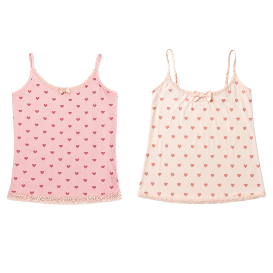 Side-by-side front view flat lay of the ribbed and non-ribbed Blush Crush Heart Lace Cami