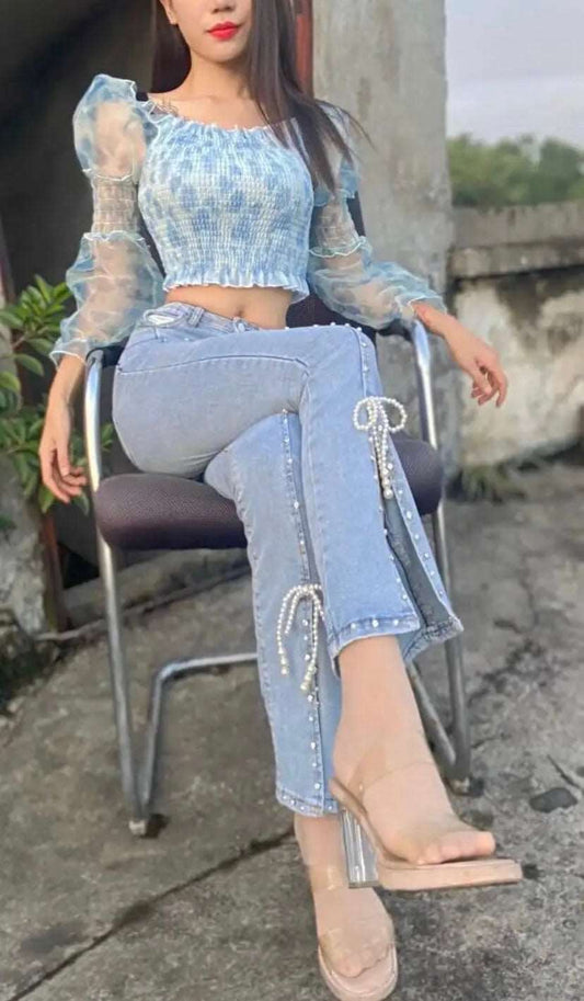 Beaded Split Bow Jeans