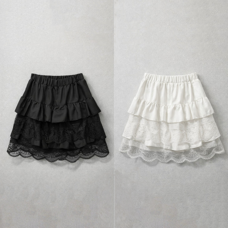 Flat lay of the Frosted Layers Ruffle Skort in black and white.