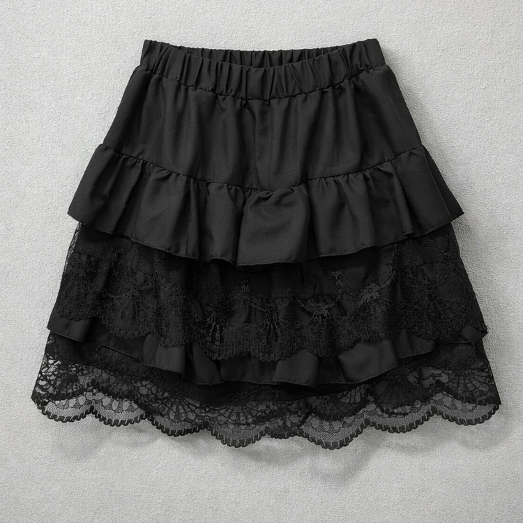 Flat lay of the Frosted Layers Ruffle Skort in black.