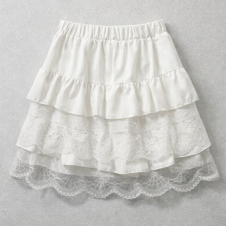 Flat lay of the Frosted Layers Ruffle Skort in white.