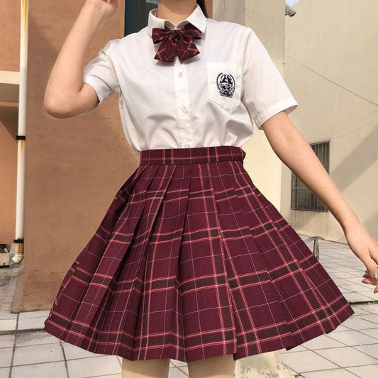 Dark-Style Plaid Pleated Skirt with Matching Bow