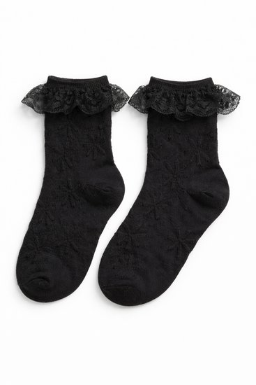 The Innocent Mischief Lace Socks in black with lace ruffle.