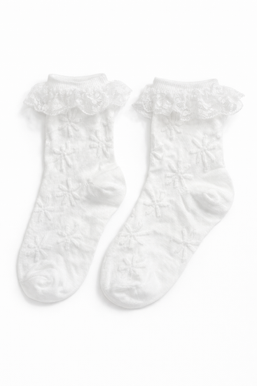 The Innocent Mischief Lace Socks in white with lace ruffle.