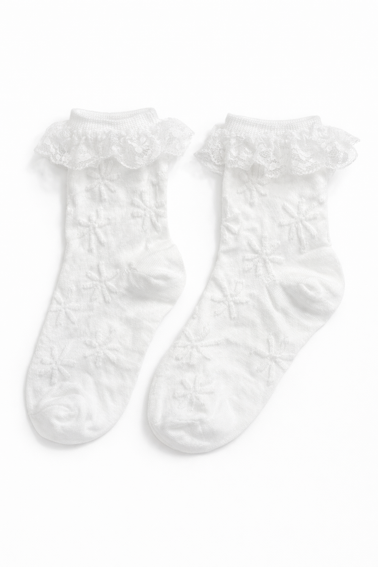 The Innocent Mischief Lace Socks in white with lace ruffle.