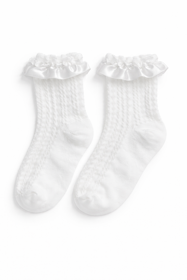 The Innocent Mischief Lace Socks in white with satin ruffle.