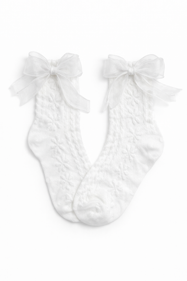 The Innocent Mischief Lace Socks in white with tulle bow.