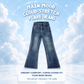The Main Mood Cloud-Stretch Flare Jeans centered on a sky and cloud background with promotional text reading 'MAIN MOOD CLOUD-STRETCH FLARE JEANS,' 'DREAMY COMFORT. CURVE-LOVING FIT, and 'THE MOODY ORIGINALS: THE LABEL'.