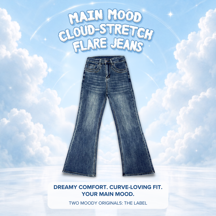 The Main Mood Cloud-Stretch Flare Jeans centered on a sky and cloud background with promotional text reading 'MAIN MOOD CLOUD-STRETCH FLARE JEANS,' 'DREAMY COMFORT. CURVE-LOVING FIT, and 'THE MOODY ORIGINALS: THE LABEL'.
