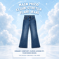 The Main Mood Cloud-Stretch Flare Jeans centered on a sky and cloud background with promotional text reading 'MAIN MOOD CLOUD-STRETCH FLARE JEANS,' 'DREAMY COMFORT. CURVE-LOVING FIT, and 'THE MOODY ORIGINALS: THE LABEL'.