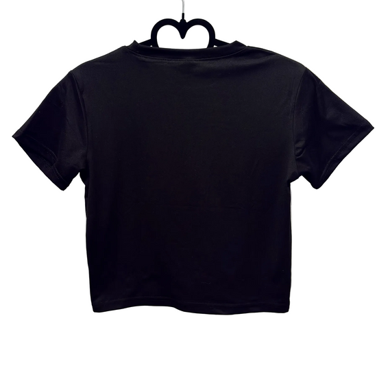 The back of the Meowtal Mayhem Top in black on a hearthanger