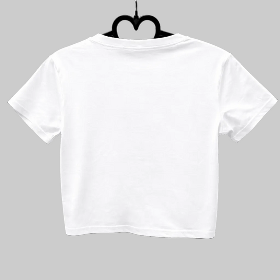 The back of the Meowtal Mayhem Top in white on a heart hanger