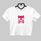 The front of the Meowtal Mayhem Top in white on a black heart hanger