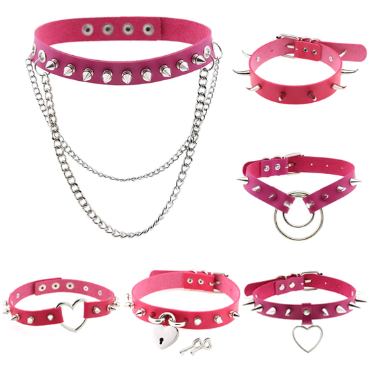 Rose Pink Punk Leather Chokers