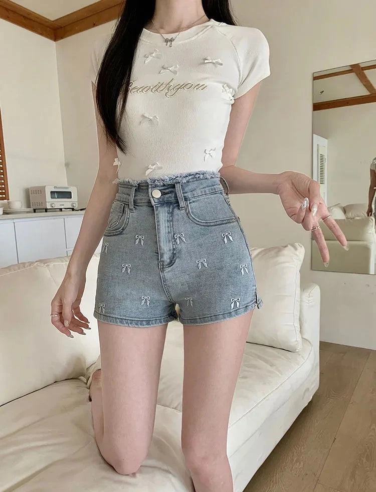 Pretty Bow Embroidered Jean Shorts