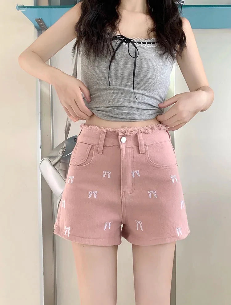 Pretty Bow Embroidered Jean Shorts