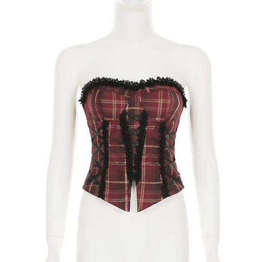 Dark Allure Strapless Lace-Up Plaid Corset