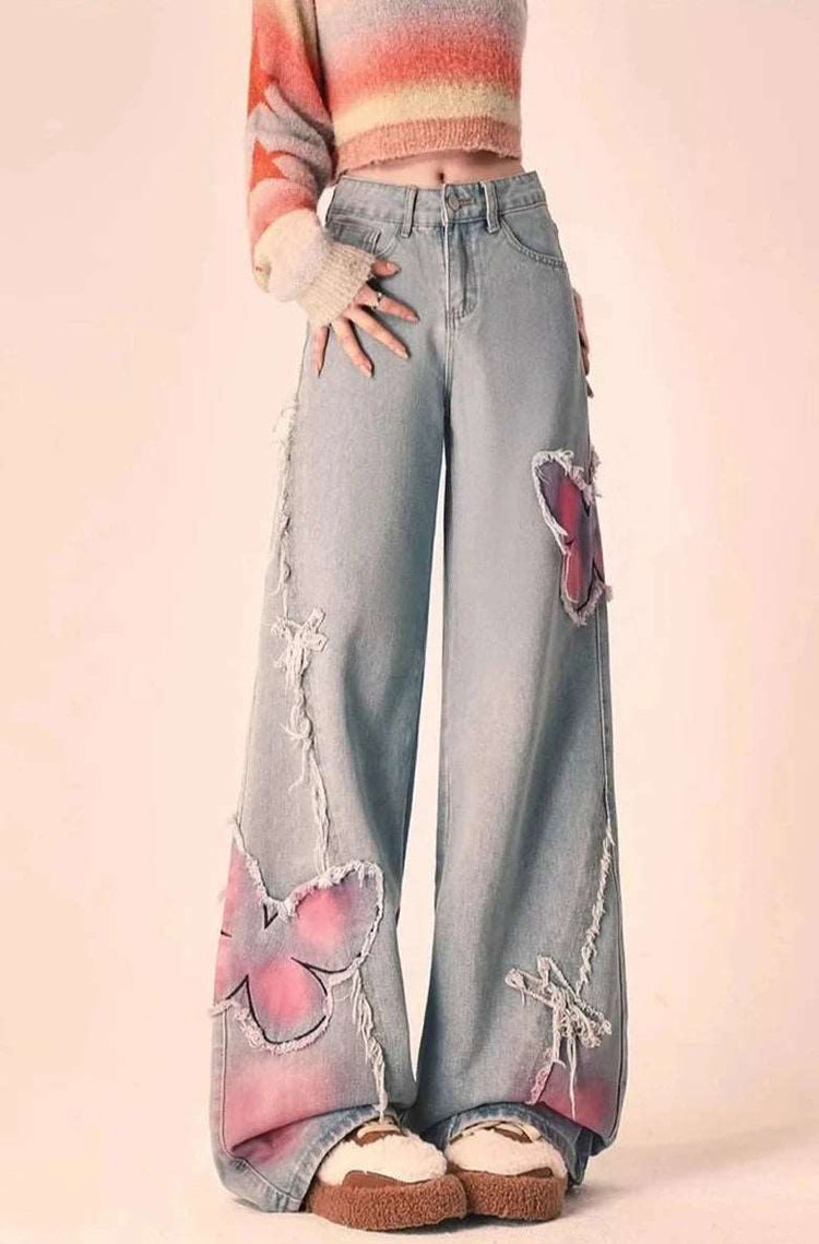 Distressed Pink Butterfly Jeans