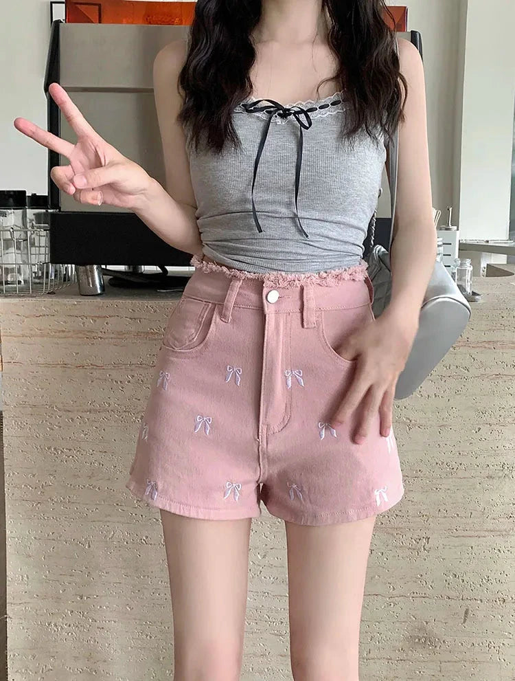 Pretty Bow Embroidered Jean Shorts