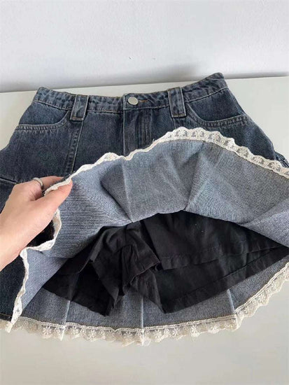 Lace Trim Pleated Denim Mini Skort