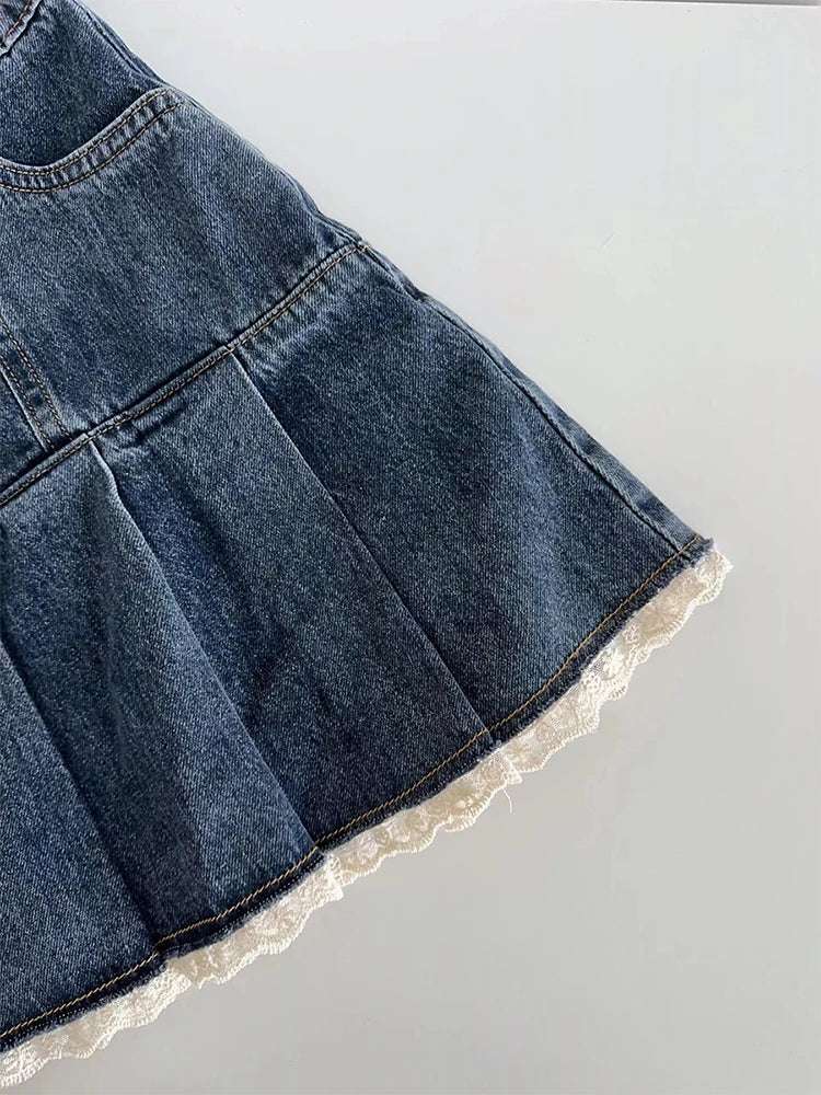 Lace Trim Pleated Denim Mini Skort