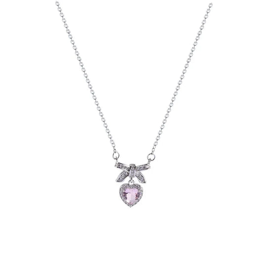 Pink Crystal Heart Bow Necklace