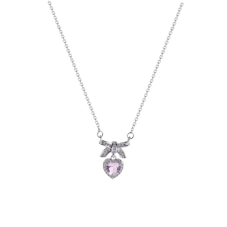 Pink Crystal Heart Bow Necklace