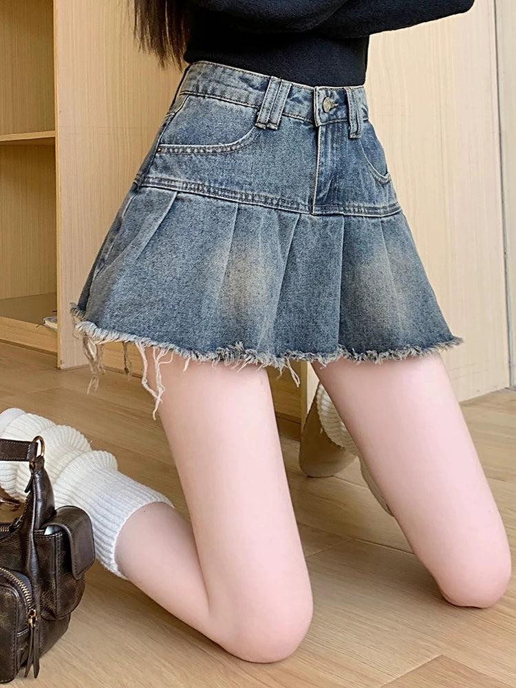 Distressed Pleated Denim Skort