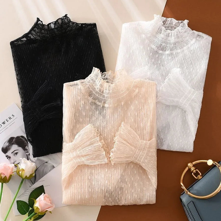 Dotted Whispers High-Neck Lace Blouse – Local Stock