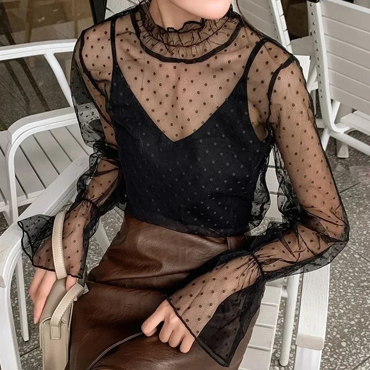 Dotted Whispers High-Neck Lace Blouse – Local Stock