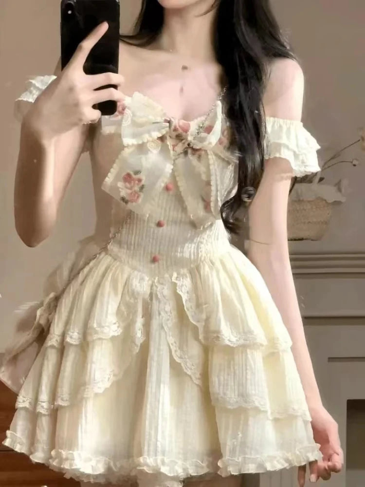 Flowering Bow Layered Mini Dress