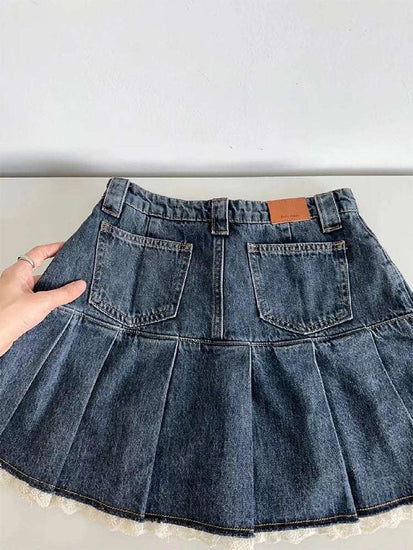 Lace Trim Pleated Denim Mini Skort